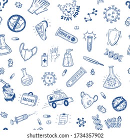 Seamless background with hand drawn CoronaVirus Covid-19 protection vector sketch set