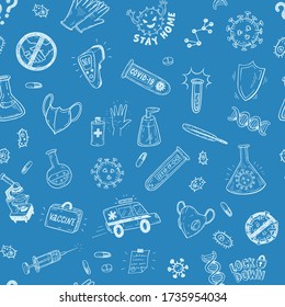 Seamless background with hand drawn CoronaVirus Covid-19 protection vector sketch set
