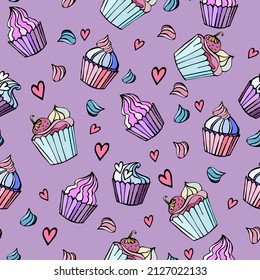 Nahtloser Hintergrund. Handgezeichnete Cupcakes und Herzen auf lila Hintergrund