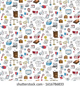 Seamless background. Hand drawn doodle Vote icons set. Vector illustration. Election symbols collection. Cartoon various voting elements: ballot box, speaker, scale, calendar, infographics, case.