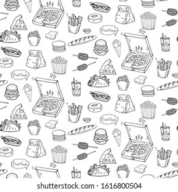 Seamless background. Hand drawn doodle Fast food icons set. Vector illustration. Junk food elements collection. Cartoon snack various sketch symbol: soda, burger, hot dog, pizza, tacos, donut, popcorn