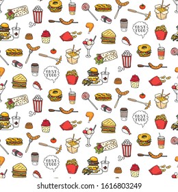 Seamless background. Hand drawn doodle Fast food icons set. Vector illustration. Junk food elements collection. Cartoon snack various sketch symbol: soda, burger, hot dog, bagel, sandwich, popcorn