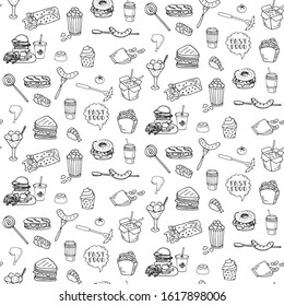 Seamless background. Hand drawn doodle Fast food icons set. Vector illustration. Junk food elements collection. Cartoon snack various sketch symbol: soda, burger, hot dog, bagel, sandwich, popcorn