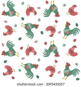 Seamless background with hand drawn doodle rooster, cock, hens, chickens and eggs. Vector illustration