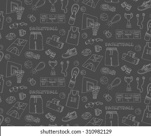 Seamless background of hand drawn doodle basketball set. Vector illustration. Sketchy sport related icons, basketball elements, ball, hoop, net, basket, backboard, sport wear, sport shoes, winner cup