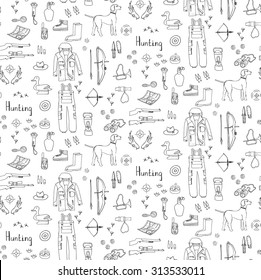Seamless background of hand drawn doodle hunting set Vector illustration Sketchy hunt related icons, hunting elements, dog, gun, crossbow, hunting wear cloths, boots, plastic sitting duck, binoculars