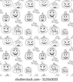 Seamless background hand drawn doodle pumpkin set Vector illustration Sketch Halloween related icons, different emotions pumpkins isolated elements, Happy Halloween, Boo, for card and invitation party