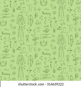 Seamless background of hand drawn doodle hunting set Vector illustration Sketchy hunt related icons, hunting elements, dog, gun, crossbow, hunting wear cloths, boots, plastic sitting duck, binoculars
