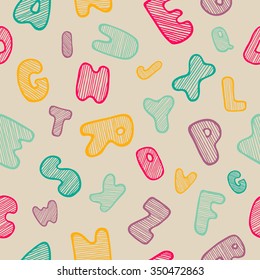 Seamless background with hand drawn doodle alphabet. Colorful handwriting font. Funny letters. Pattern with striped font in vintage style. Template for design and decoration