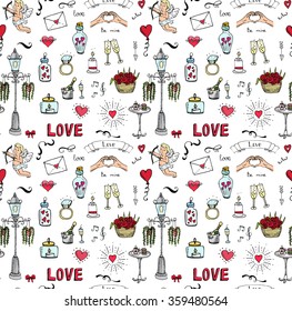 Seamless background Hand drawn doodle Love and Feelings collection Vector illustration Sketchy Love icons Big set of icons for Valentine's day Mothers day wedding, love and romantic events Hands cupid