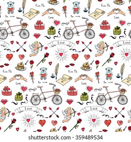Seamless background Hand drawn doodle Love and Feelings collection Vector illustration Sketchy Love icons Big set of icons for Valentine's day Mothers day wedding, love and romantic events Heart Cupid
