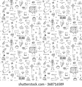 Seamless background hand drawn doodle Ireland set Vector travel illustration Sketchy Irish traditional food icons Republic of Ireland elements Flag Map Celtic Cross Knot Castle Leprechaun Shamrock