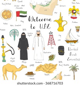Seamless background hand drawn doodle UAE set Vector arabic illustration Sketchy Emirati food icons United Arab Emirates elements Dubai Abu Dhabi Camel Oil Abaya Hijab Kandura Muslim Travel icons 