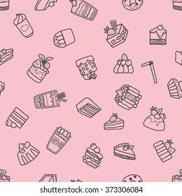 Seamless background hand drawn doodle Sweets set Vector illustration. Ice cream, tiramisu, cake, cheesecake, cupcakes, pudding, donuts, meringue