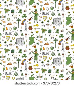 Seamless background hand drawn doodle Ireland set Vector Travel illustration Sketchy Irish traditional food icons Republic of Ireland elements Flag Map Celtic Cross Knot Castle Leprechaun Shamrock