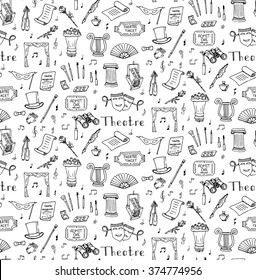 Seamless background hand drawn doodle Theatre set Vector illustration Sketchy theater icons Acting performance elements Ticket Masks Lyra Flowers Curtain stage Musical notes Pointe shoes Make-up tools