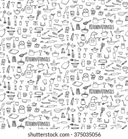 Seamless background hand drawn doodle Kitchen utensils set Vector illustration Sketchy kitchen ware icons collection Isolated appliance kitchen tools symbols Cooking equipment Tea pot Pan Knife Cup