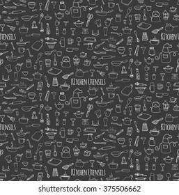 Seamless background hand drawn doodle Kitchen utensils set Vector illustration Sketchy kitchen ware icons collection Isolated appliance kitchen tools symbols Cooking equipment Tea pot Pan Knife Cup