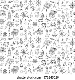 Seamless background hand drawn doodle Boat and Sea icons set Vector illustration Sea life elements Ship symbols collection Marine life Nautical design Underwater Sea animals Sea map Spyglass Magnifier