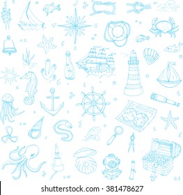 Seamless background hand drawn doodle Boat and Sea icons set Vector illustration Sea life elements Ship symbols collection Marine life Nautical design Underwater Sea animals Sea map Spyglass Magnifier