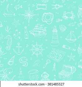 Seamless background hand drawn doodle Boat and Sea icons set Vector illustration Sea life elements Ship symbols collection Marine life Nautical design Underwater Sea animals Sea map Spyglass Magnifier