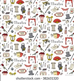 Seamless background hand drawn doodle Theatre set Vector illustration Sketchy theater icons Acting performance elements Ticket Masks Lyra Flowers Curtain stage Musical notes Pointe shoes Make-up tools