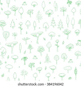 Seamless background hand drawn doodle Trees and Forest set. Vector illustration Plant icons Forest concept elements. Isolated silhouette nature symbols collection. Clipart design. Leaf Fir Ever green