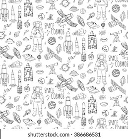 Seamless background hand drawn doodle Space and Cosmos set Vector illustration Universe icons Space concept elements Rocket Ship symbols collection Solar system Planets Galaxy Milky Way Tech freehand