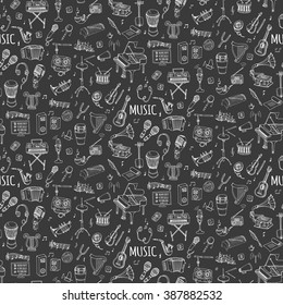 Seamless background hand drawn doodle Music set Vector illustration musical instrument, symbols icons collections Cartoon sound elements Piano Guitar Violin Trumpet Drum Gramophone Saxophone Harp