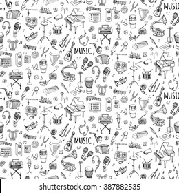 Seamless background hand drawn doodle Music set Vector illustration musical instrument, symbols icons collections Cartoon sound elements Piano Guitar Violin Trumpet Drum Gramophone Saxophone Harp