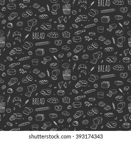 Seamless background Hand drawn doodle set of cartoon food: rye, ciabatta, whole grain, sliced bread, bagel, french baguette, croissant Vector illustration Sketchy flour products elements Bakery