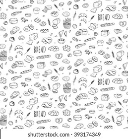 Seamless background Hand drawn doodle set of cartoon food: rye, ciabatta, whole grain, sliced bread, bagel, french baguette, croissant Vector illustration Sketchy flour products elements Bakery