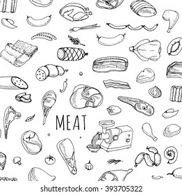 Seamless background Hand drawn doodle set of cartoon different kind of meat and poultry set. Vector illustration Sketchy food elements collection Lamb Pork Ham Mince Chicken Turkey Steak Bacon Sausage