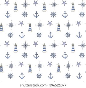 Seamless background Hand drawn doodle Boat and Sea icons set Vector illustration Sea travel element Ship symbols collection Nautical design Lighthouse Compass Anchor Steering wheel Rudder 