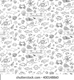 Seamless background Hand drawn doodle Seafood icons set Vector illustration food symbols collection Cartoon fish Crab Lobster Oyster Shrimp Prawn Shellfish Shrimp for your menu or restaurant design