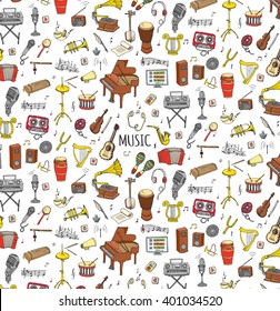 Seamless background hand drawn doodle Music set Vector illustration musical instrument, symbols icons collections Cartoon sound elements Piano Guitar Violin Trumpet Drum Gramophone Saxophone Harp