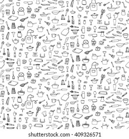 Seamless background hand drawn doodle Kitchen utensils set Vector illustration Sketchy kitchen ware icons collection Isolated appliance kitchen tools symbols Cooking equipment Tea pot Pan Knife Cup