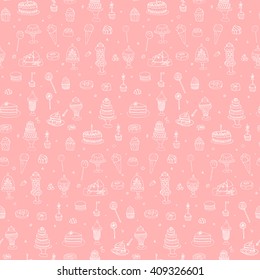 Seamless background hand drawn doodle Sweets set Vector illustration Sketchy Sweet food icons collection Isolated desert symbols Cupcake Macaron Chocolate bar Candy Cake Pie Pastry Lollipop Pastry