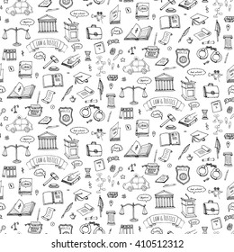 Seamless background Hand drawn doodle Law and Justice icons set. Vector illustration legal sketchy symbols collection Cartoon concept elements suitable for infographics, websites and print Court Crime