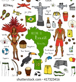 Seamless background Hand drawn doodle Welcome to Brazil set. Vector illustration Sketchy Brazilian traditional icons Cartoon national typical elements collection Landmark Football ball cleats Samba