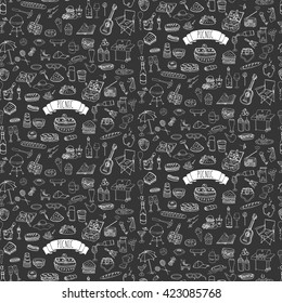 Seamless background Hand drawn doodle Picnic icons set. Vector illustration barbecue sketchy symbols collection Cartoon bbq concept elements Summer Umbrella Guitar Food basket Drinks Wine Sandwich