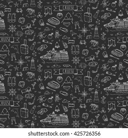 Seamless background Hand drawn doodle Cruise vacation icons set Vector illustration summer adventure emblem collection Cartoon ship liner concept Sea elements Snorkel Summertime vacation Beach holiday