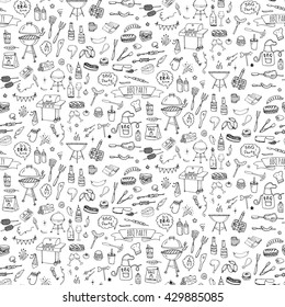 Seamless Background Hand Drawn Doodle BBQ Party Icons Set. Vector Illustration Summer Barbecue Symbols Collection Cartoon Various Meals, Drinks, Food Ingredients And Decoration Elements Sketch