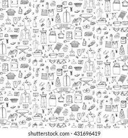 Seamless background Hand drawn doodle Laundry set. Vector illustration washing icons Cleaning garment business concept elements Housework Equipment, facilities for washing, drying and ironing clothes