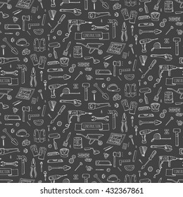 Seamless background Hand drawn doodle Construction tools set. Vector illustration building icons House repair concept collection Modern sketch style labels of home remodel gear elements and symbols