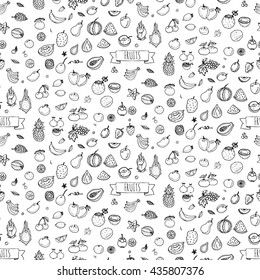 Seamless background Hand drawn doodle tropical fruits icons set. Vector illustration seasonal berry symbols collection Cartoon different kinds of sweet vegan food Isolated on white Sketch modern style