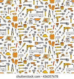 Seamless background Hand drawn doodle Construction tools set. Vector illustration building icons House repair concept collection Modern sketch style labels of home remodel gear elements and symbols