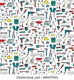 Seamless background Hand drawn doodle Construction tools set. Vector illustration building icons House repair concept collection Modern sketch style labels of home remodel gear elements and symbols