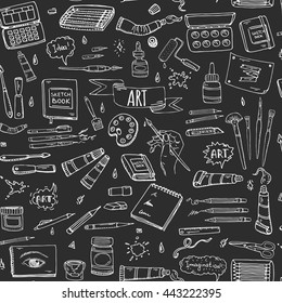Seamless background Hand drawn doodle Art and Craft tools icons set Vector illustration artistic instruments symbols Cartoon Sketch Brush Watercolor Paint Elements isolated on blackboard