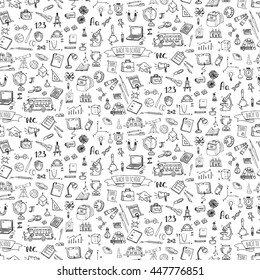 Seamless background hand drawn doodle Back to school icon set Vector illustration educational symbols collection Cartoon various learning elements: Laptop; Lunch box; Microscope; Telescope; Sketch bus